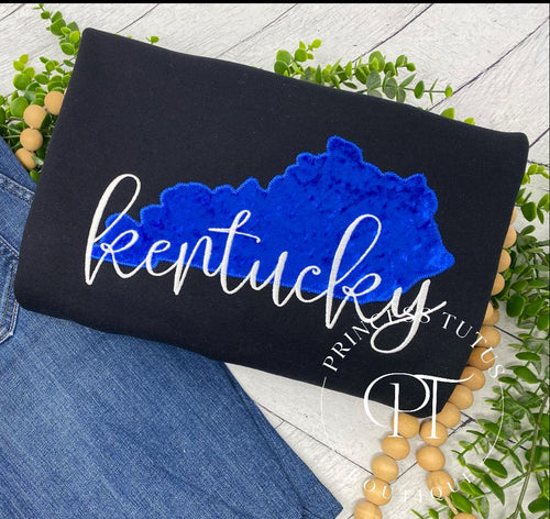 Black crewneck with blue velvet state with Kentucky embroidered in white