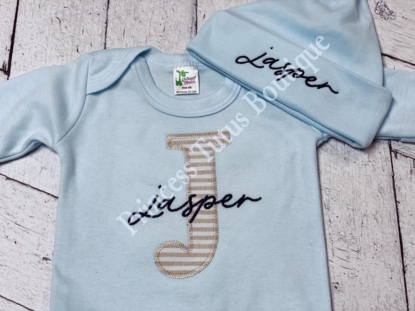 Personalized Baby Romper with Hat | Custom Name Appliqué Initial Outfit | Newborn Gift